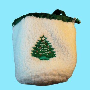 Sherpa Drawstring Tote Bag Christmas Tree Embroidered Fleece Sack Lined